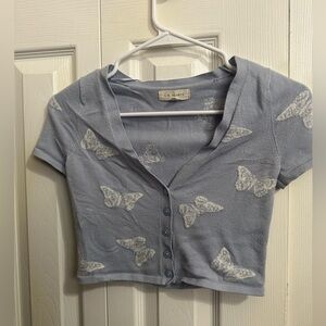 Blue crop top with White Butterfly Print